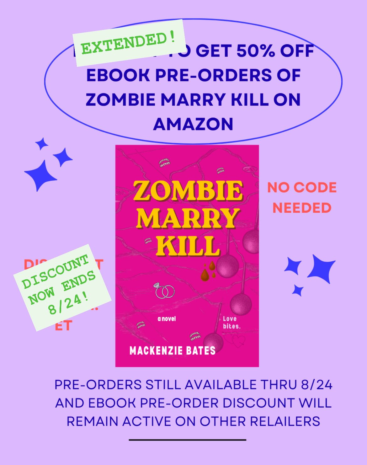 Graphic showing Zombie Marry Kill 50% off kindle ebook pre-orders discount extended