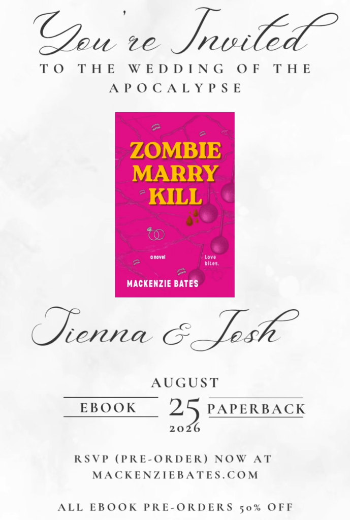 wedding invitation style graphic for Zombie Marry Kill book