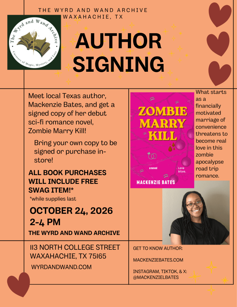 graphic showing upcoming author signing at The Wyrd and Wand Archive in Waxahachie, TX