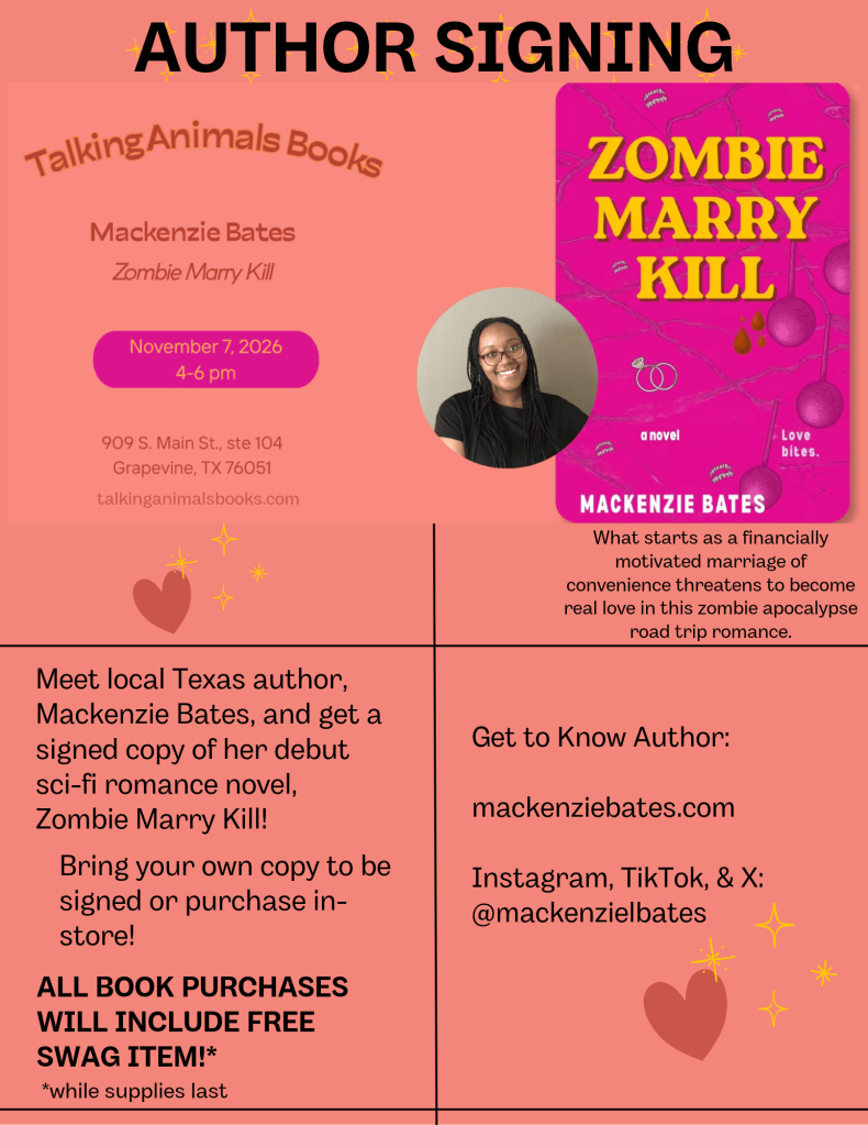 Graphic showing Mackenzie Bates author signing at Talking Animals Books on 11/7