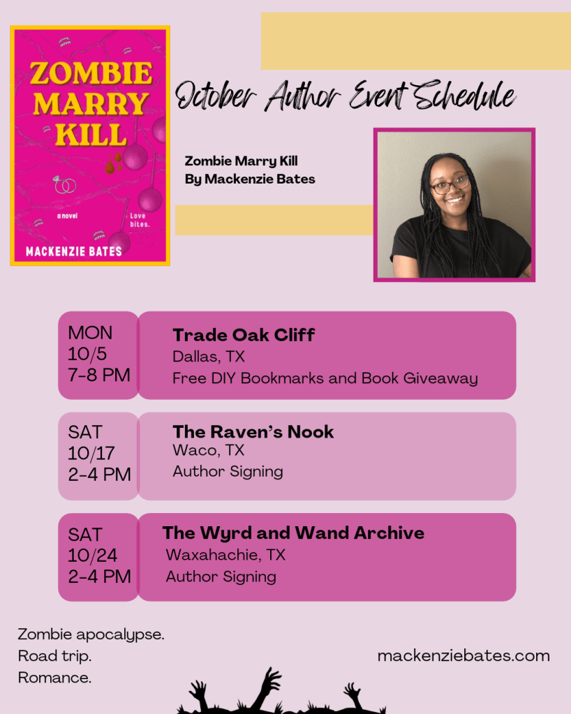 Graphic showing Mackenzie Bates's 3 author events in October on 10/5, 10/17. and 10/24