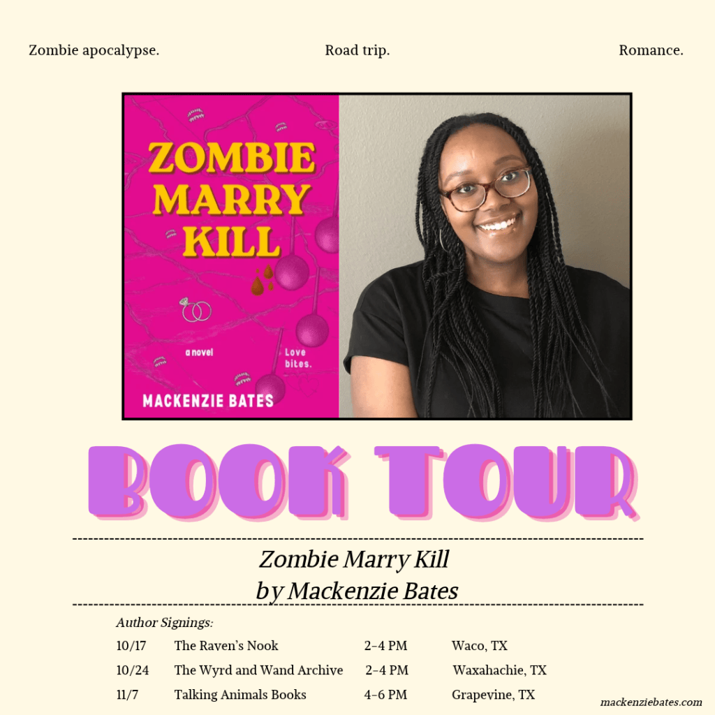 Graphic showing Zombie Marry Kill book tour dates on 10/17, 10/24, and 11/7